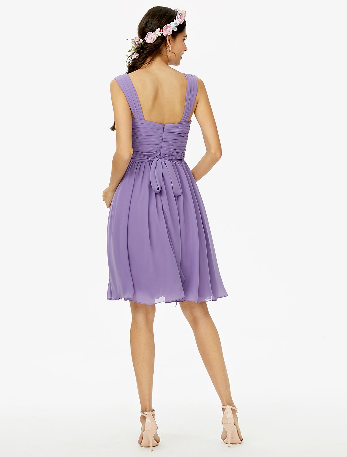 Wholesale A-Line Bridesmaid Dress Straps Sleeveless Open Back Knee Length Chiffon with Sash / Ribbon / Bow(s) / Criss Cross